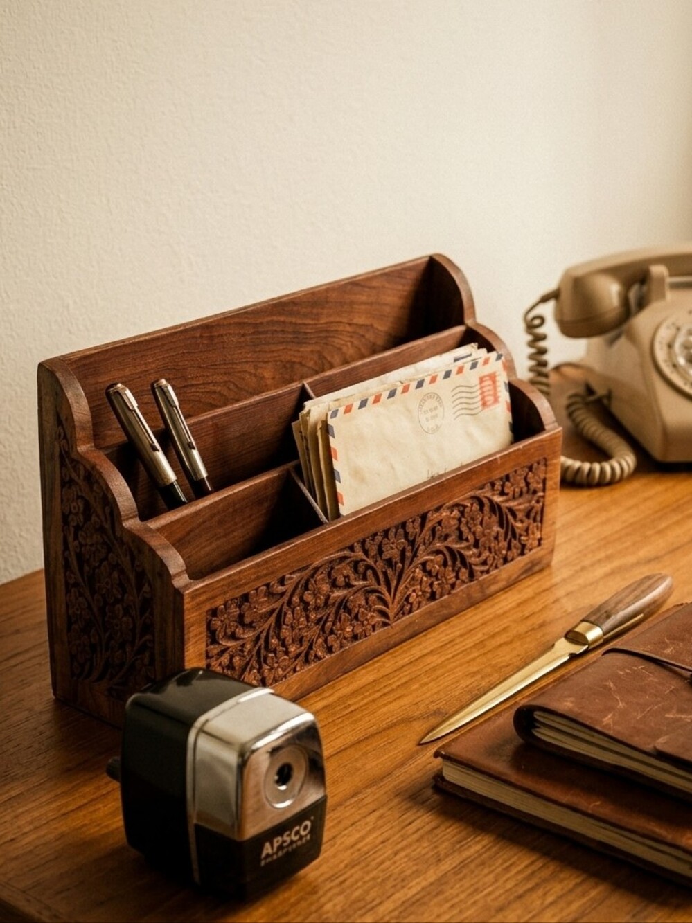 Carved Wood Indian Kashmiri Desk Letter Mail Organizer Stationery Rack Caddy